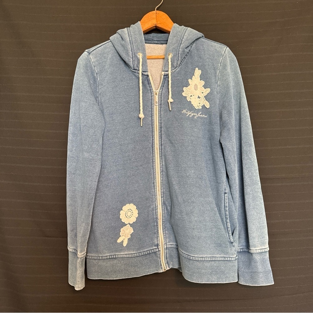 Tommy Hilfiger womens blue cotton hooded full zip sweater lace embroidered Small